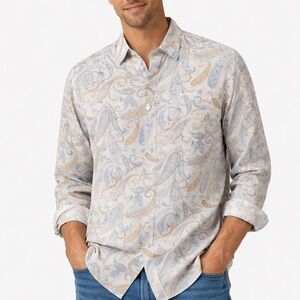 Tommy Bahama Casual Linen Neutral Paisley Print Button Down Size Large Shirt